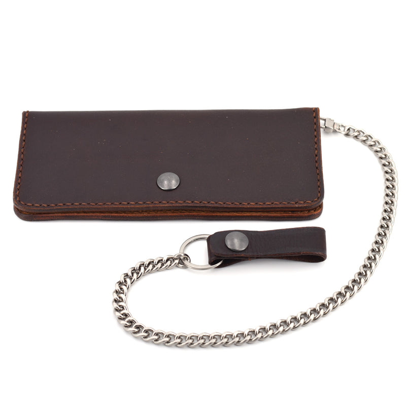 Long Leather Wallet w/ Chain (Silver & Brown)