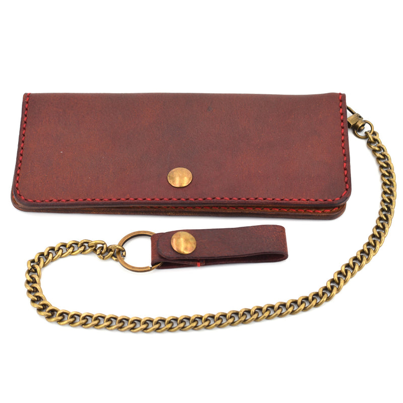 Long Leather Wallet w/ Chain (Brass & Red)